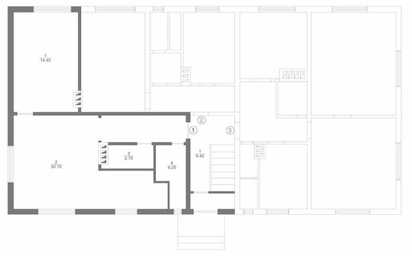 Mājas pirmā stāva plāns ar 1., 2. un 3. dzīvokli.