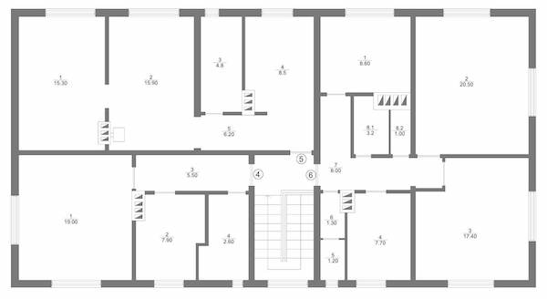 Mājas otrā stāva plāns ar 4., 5. un 6. dzīvokli.